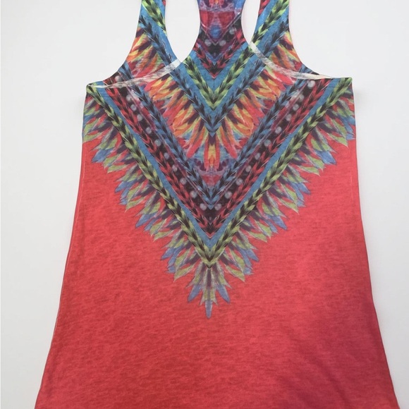 XNYC Womens Knit Tank Top Size S Pink Blue Feather Native Print Pullover boho - Picture 3 of 7